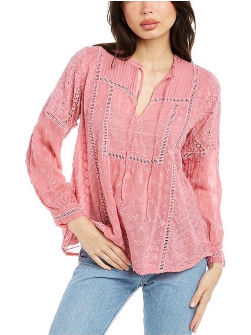 323. Johnny Was Vintage Women’s Rose Pink Embroidered Lace Tunic Size XS